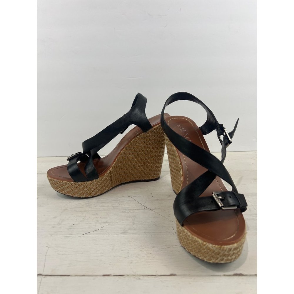 Ralph Lauren Dover Womens Size 9 Black Leather Wedge Sandals, New